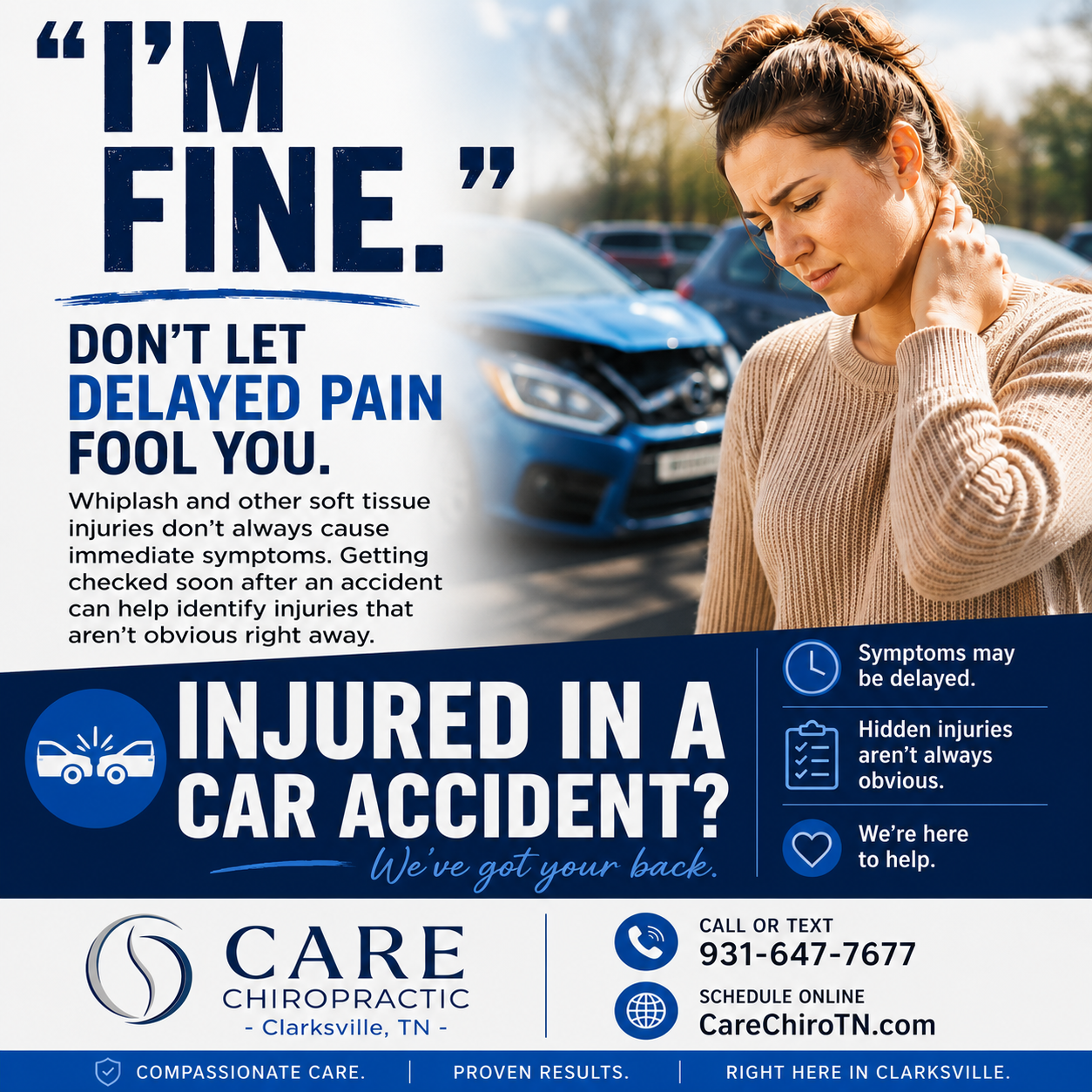 Car accident injury and delayed whiplash symptoms information from Care Chiropractic in Clarksville, TN